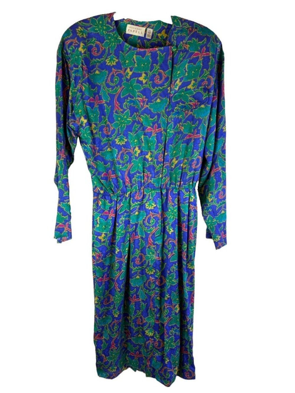 Vintage 80s Silk Dress Rainbow Paisley Floral Structured Whimsical
